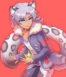  1boy alvis_(xenoblade) animal_ears cat_boy cat_ears coat cowboy_shot enni eyebrows_visible_through_hair fur_trim grey_eyes jewelry leopard_boy leopard_ears leopard_tail long_hair male_focus necklace pendant purple_coat red_background silver_hair simple_background smile snow_leopard_boy snow_leopard_ears snow_leopard_tail solo tail xenoblade_chronicles xenoblade_chronicles_(series) 