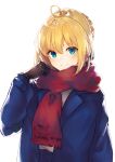  1girl absurdres ahoge alternate_costume artoria_pendragon_(all) bangs black_gloves blonde_hair blue_eyes blue_jacket braid closed_mouth commentary_request dress eyebrows_visible_through_hair fate/stay_night fate_(series) gloves green_eyes hair_between_eyes hair_ribbon hand_up highres jacket jazztaki long_sleeves looking_at_viewer red_scarf ribbon saber scarf short_hair simple_background smile solo upper_body white_background 
