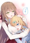  2girls :d ;d bangs between_breasts blonde_hair blue_cardigan blue_eyes blush bow braid breasts brown_hair cardigan collared_shirt eyebrows_visible_through_hair green_eyes hair_between_eyes hair_bow head_between_breasts heart high-waist_skirt hug long_hair multiple_girls one_eye_closed open_mouth original pleated_skirt red_bow red_skirt shirt skirt smile suspender_skirt suspenders sweater tokuno_yuika translation_request turtleneck turtleneck_sweater very_long_hair white_shirt white_sweater 