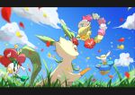  absurdres brown_eyes clouds comfey commentary_request day floette from_below gen_4_pokemon gen_6_pokemon gen_7_pokemon grass highres holding kisa_(kisa-kisa5900) leafeon no_humans open_mouth outdoors paws petals pokemon pokemon_(creature) sky 