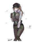  1girl beruko_(rladustns50) between_breasts blue_eyes blush breast_grab breasts brown_hair deele_(girls_frontline) genderswap genderswap_(mtf) girls_frontline grabbing highres large_breasts long_hair pantyhose ponytail sidelocks strap_between_breasts sweatdrop trembling 