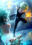  2boys absurdres bakugou_katsuki battle bikkusama black_pants black_shirt blonde_hair boku_no_hero_academia clenched_teeth commentary_request electricity explosion fighting_stance freckles full_body green_eyes green_hair highres leg_up looking_at_another male_focus midoriya_izuku multiple_boys night open_hands open_mouth outdoors pants portrait red_eyes shirt shoes short_hair sleeveless sleeveless_shirt spiky_hair teeth 