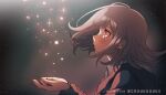  1girl bangs black_jacket blush brown_hair criis-chan dangan_ronpa flipped_hair floating_hair hands_up hood hood_down jacket long_sleeves looking_up medium_hair nanami_chiaki profile shirt short_hair solo sparkle star_(symbol) super_dangan_ronpa_2 symbol_commentary twitter_username 