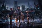  4girls alternate_costume animal_ears arknights backlighting black_hair black_legwear black_shorts building city city_lights cityscape cow_horns croissant_(arknights) crosswalk energy_wings exusiai_(arknights) grey_jacket gun halo hands_in_pockets highres highway hood hooded_jacket horns jacket kriss_vector long_sleeves low_ponytail mouth_hold multiple_girls open_clothes open_jacket orange_hair ouko outdoors pantyhose penguin_logistics_(arknights) redhead reflection revision scenery short_hair short_shorts shorts skyscraper sora_(arknights) staff standing submachine_gun tail texas_(arknights) texas_(winter_messenger)_(arknights) thigh-highs twintails weapon wolf_ears wolf_girl wolf_tail 