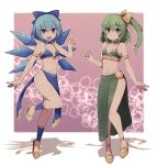  2girls :d alternate_costume blue_bow blue_bra blue_choker blue_eyes blue_hair blue_legwear blurry blurry_background bow bra breasts bright_pupils choker cirno closed_mouth clothing_request commentary_request daiyousei foot_up full_body gold_trim gradient gradient_background green_bra green_choker green_eyes green_hair hair_bow hand_up highres ice ice_wings lamb-oic029 looking_at_viewer medium_hair multiple_girls navel one_side_up open_mouth pink_background shadow short_hair side_slit small_breasts smile touhou underwear upper_teeth white_background wings yellow_bow yellow_footwear 