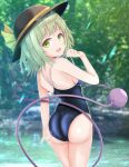  1girl absurdres ass back blue_swimsuit eyeball eyebrows_visible_through_hair forest green_eyes green_hair hat hat_ribbon heart heart_of_string highres komeiji_koishi looking_at_viewer looking_back nature new_school_swimsuit one-piece_swimsuit open_mouth outdoors ribbon river school_swimsuit silver_hair smile solo str11x swimsuit third_eye touhou tree water wavy_hair yellow_ribbon 