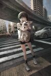  1girl :d ^_^ animal animal_hug bag bangs black_hair black_legwear black_shorts bridge building car closed_eyes commentary day dog english_commentary eyebrows_behind_hair ground_vehicle highres motor_vehicle open_mouth original outdoors shoes short_hair short_shorts shorts shoulder_bag smile socks solo tank_top tokunaga_akimasa white_footwear white_tank_top 