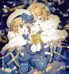  1boy 1girl angel_wings bell beret black_background blonde_hair blue_bow blue_dress blue_eyes bow capelet chi_ya christmas_lights dress fur-trimmed_capelet fur-trimmed_shorts fur_trim gold_trim hair_bow hair_ornament hairclip halo hat highres holding holding_bell kagamine_len kagamine_rin musical_note_hair_ornament open_mouth short_hair shorts snowflake_ornament snowing spiky_hair tabard vocaloid white_capelet white_headwear wings yuki_len yuki_rin 