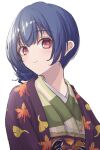  1girl absurdres blue_hair blush green_kimono haori highres idolmaster idolmaster_shiny_colors japanese_clothes kimono leaf_print looking_at_viewer morino_rinze short_hair simple_background smile solo tomatology3 upper_body violet_eyes white_background 