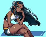  1girl absurdres armlet blue_eyeshadow dark_skin dark-skinned_female earrings eyeshadow gym_leader highres hoop_earrings jewelry long_hair looking_at_viewer makeup masgamjya multicolored_hair navel nessa_(pokemon) pokemon pokemon_(game) pokemon_swsh solo swimsuit tankini two-tone_hair 