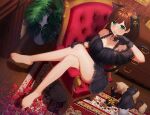  1girl animal_ears bare_legs bare_shoulders barefoot black_cat black_dress black_skirt cat cat_ears cat_tail chair couch crossed_legs dress feet feet_up full_body gloves green_eyes highres idolmaster idolmaster_cinderella_girls kurageso leg_up looking_at_viewer maekawa_miku sitting skirt tail 