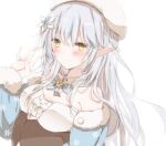  1girl bangs beret blue_coat blue_hair blush breasts coat elf flower fur_trim hair_between_eyes hair_flower hair_ornament hat hiro_(hirohiro31) hololive long_hair looking_at_viewer medium_breasts pointy_ears smile solo upper_body virtual_youtuber white_background yellow_eyes yukihana_lamy 