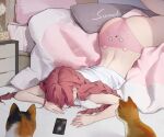  1girl alarm_clock animal animal_print ass bare_arms bed braid cat cat_ear_panties cat_print cellphone clock dhk_(dh_k) indoors long_hair midriff on_bed original panties phone pillow pink_hair pink_panties redhead shirt solo underwear white_shirt 