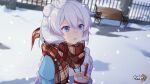  1girl blue_eyes chair fence highres honkai_(series) honkai_impact_3rd kiana_kaslana official_art scarf snow snowing white_hair 