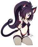  1girl absurdres animal_ears black_hair breasts cat_ears cat_tail detached_sleeves fishnet_legwear fishnets hair_over_one_eye highres long_hair open_mouth original ponytail simple_background slugbox small_breasts smile solo tail thigh-highs violet_eyes white_background 