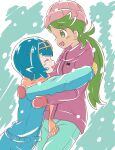  2girls alternate_costume aqua_background aqua_pants bangs beanie blue_hair blue_pants blush breasts closed_eyes commentary_request cowboy_shot dark_skin dark-skinned_female eyebrows_visible_through_hair flat_chest from_side gloves green_eyes green_hair hair_tie hairband happy hat hug jacket lana_(pokemon) long_hair looking_at_another mallow_(pokemon) mittens multiple_girls nekono_rin open_mouth orange_scarf pants pink_headwear pokemon pokemon_(game) pokemon_sm profile purple_jacket red_gloves scarf short_hair sidelocks simple_background sketch small_breasts smile snowing standing swept_bangs teeth tied_hair trial_captain twintails winter_clothes yellow_gloves yellow_hairband 