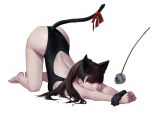  1girl animal_ears ass back back_cutout bangs bare_hips bare_legs bare_shoulders barefoot bell black_eyes black_hair black_hairband black_scrunchie blunt_bangs breast_press breasts cat_ears cat_tail cat_teaser clenched_hands clothing_cutout dongho_kang fake_animal_ears fake_tail from_side full_body hairband hands_together high_ponytail highleg highleg_leotard jingle_bell leotard long_hair long_ponytail looking_away looking_to_the_side medium_breasts mole original outstretched_arms ponytail red_ribbon ribbon scrunchie sideboob simple_background solo tail tail_bell tail_ornament tail_ribbon top-down_bottom-up v_arms white_background wrist_scrunchie 