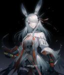  1girl animal_ears arknights bangs black_gloves black_legwear commentary_request copyright_name cowboy_shot dress duoyu_zhuan_qing frostnova_(arknights) gloves grey_dress grey_eyes hair_over_one_eye highres jacket long_hair long_sleeves looking_at_viewer open_clothes open_jacket partial_commentary rabbit_ears scar scar_on_face scar_on_nose silver_hair solo standing thigh-highs white_jacket 