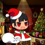  1girl black_hair blush chibi christmas dress hat padoru pokemon pokemon_(game) pokemon_masters_ex pokemon_oras ponytail red_dress red_eyes richart santa_costume santa_hat short_hair smile zinnia_(pokemon) 