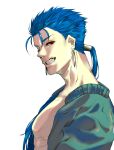  1boy alternate_costume beads blue_hair closed_mouth cu_chulainn_(fate)_(all) don_(sjag3855) earrings fang fate/stay_night fate_(series) from_side grin hair_beads hair_ornament highres jacket jewelry lancer long_hair looking_at_viewer male_focus open_clothes open_jacket ponytail red_eyes simple_background smile solo spiky_hair type-moon white_background 