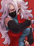 1girl android_21 black_nails breasts checkered checkered_dress dragon_ball dragon_ball_fighterz dress earrings fingernails hand_on_hip hoop_earrings jewelry kemachiku large_breasts long_hair looking_at_viewer mask mouth_mask nail_polish red_background red_eyes simple_background solo upper_body white_hair 