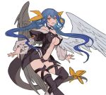  1girl angel_wings asymmetrical_wings bangs bare_shoulders belt black_legwear black_panties blue_hair bow breasts choker collarbone dizzy_(guilty_gear) guilty_gear guilty_gear_x guilty_gear_xx hair_between_eyes hair_ribbon hair_rings large_breasts looking_at_viewer midriff monster_girl navel open_mouth oro_(sumakaita) panties puffy_sleeves red_eyes ribbon simple_background smile solo tail tail_ornament tail_ribbon thigh-highs thigh_strap twintails under_boob underwear wings yellow_ribbon 