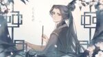  1girl artist_name black_eyes black_hair blurry_foreground calligraphy_brush flower half_updo ling_wen long_hair looking_at_viewer looking_back paintbrush scroll solo stariwei tian_guan_ci_fu watermark window 