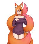  1girl absurdres animal_ear_fluff animal_ears artist_name bangs bare_shoulders blue_eyes breasts closed_mouth collarbone commentary commission fox_ears fox_girl fox_tail hair_between_eyes hand_on_breast hands_up highres kitsune large_breasts large_tail long_hair long_sleeves looking_at_viewer multiple_tails no_pants off-shoulder_sweater off_shoulder orange_hair original purple_sweater rob_ishi simple_background sleeves_past_wrists smile solo sweater tail violet_eyes white_background 