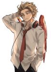  1boy artist_name black_pants blonde_hair boku_no_hero_academia collared_shirt commentary cowboy_shot hand_in_pocket hand_on_own_head hand_up hawks_(boku_no_hero_academia) headphones headphones_around_neck kadeart long_sleeves looking_at_viewer male_focus necktie pants red_neckwear shirt simple_background solo teeth white_background white_shirt wings 