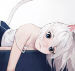  1girl animal_ears bangs bare_shoulders blue_eyes blue_pants breasts cat_ears cat_girl cat_tail closed_mouth commentary dhk_(dh_k) looking_at_viewer lying on_stomach original pants real_life shirt short_hair simple_background small_breasts solo strap_slip tail tank_top white_background white_hair white_shirt white_tank_top 