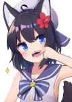  1girl absurdres ahoge animal_ear_fluff animal_ears armpits bare_shoulders black_hair blue_bow blue_eyes blush bow bowtie brooch buttons collarbone commentary_request eyebrows_visible_through_hair fangs finger_in_mouth flat_chest flower hair_flower hair_ornament hat head_tilt highres jewelry looking_at_viewer open_mouth original red_flower sailor_hat saisoku_no_yukkuri school_uniform serafuku shirt short_hair simple_background sleeveless sleeveless_shirt solo sparkle striped striped_bow tail upper_body white_background white_headwear white_shirt wolf_ears wolf_tail 