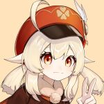  1girl :3 ahoge beige_background blonde_hair blush feathers genshin_impact hat hat_feather klee_(genshin_impact) light_blush long_hair orange_eyes pointy_ears red_headwear shiliuyexiaohei simple_background smile solo twintails upper_body v 