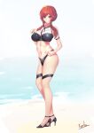  1girl absurdres artist_name azur_lane bare_shoulders bikini black_footwear braid breasts crown_braid eyebrows_visible_through_hair full_body high_heels highres impossible_clothes impossible_swimsuit large_breasts monarch_(azur_lane) redhead simple_background solo swimsuit tierla violet_eyes 