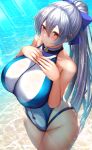  1girl absurdres bangs beach blue_bow blue_swimsuit bow breasts closed_mouth fate/grand_order fate_(series) hair_between_eyes hair_bow hands_on_own_chest highleg highleg_swimsuit highres large_breasts long_hair looking_at_viewer one-piece_swimsuit ponytail red_eyes shore silver_hair swimsuit thighs tiri_man tomoe_gozen_(fate/grand_order) tomoe_gozen_(swimsuit_saber)_(fate) two-tone_swimsuit white_swimsuit 