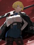  1girl absurdres bangs belt black_gloves black_jacket black_legwear blonde_hair blue_belt blue_eyes blue_neckwear blue_skirt breasts collared_shirt commentary cowboy_shot eyebrows_visible_through_hair girls_frontline gloves gun hair_between_eyes hair_ornament hand_on_hip highres holding holding_gun holding_weapon hood_(james_x) id_card jacket jacket_on_shoulders large_breasts long_sleeves looking_at_viewer magazine_(weapon) mole mole_under_eye neck_ribbon over_shoulder pantyhose red_background ribbon shirt shirt_tucked_in short_hair sidelocks skindentation skirt snowflake_hair_ornament solo standing striped striped_neckwear thigh_pouch thighband_pantyhose torn_clothes torn_legwear torn_shirt torn_skirt under_boob underbust vsk-94 vsk-94_(girls_frontline) walkie-talkie weapon weapon_over_shoulder white_shirt 
