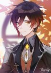  1boy absurdres bangs banzy black_gloves black_hair blurry blurry_background brown_hair closed_mouth collar formal genshin_impact gloves hair_between_eyes highres jacket jewelry leaf long_hair male_focus multicolored_hair single_earring solo suit yellow_eyes zhongli_(genshin_impact) 