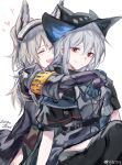  2020 2girls absurdres arknights armband ascot black_jacket chinese_commentary closed_eyes eyebrows_visible_through_hair gloves grani_(arknights) grey_hair hat heart highres hug hug_from_behind jacket knee_up long_hair looking_at_viewer multiple_girls open_mouth red_eyes silver_hair simple_background sitting skadi_(arknights) sketch smile visor visor_lift weibo_username white_background yuri zuo_daoxing 