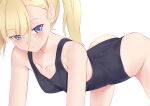  1girl all_fours ass black_swimsuit blonde_hair blue_eyes breasts collarbone commentary_request highres jilu long_hair looking_at_viewer one-piece_swimsuit original simple_background small_breasts solo swimsuit twintails white_background 