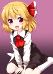  1girl ascot bangs between_legs black_skirt black_vest blonde_hair collared_shirt eyebrows_visible_through_hair gradient gradient_background hair_ribbon hand_between_legs highres long_sleeves looking_at_viewer open_mouth purple_background red_eyes red_neckwear red_ribbon ribbon rumia ruu_(tksymkw) seiza shirt short_hair simple_background sitting skirt skirt_set smile solo touhou v_arms vest white_legwear white_shirt 