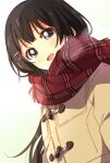  1girl black_hair blue_eyes brown_coat coat duffel_coat hair_ornament hairclip highres long_hair long_sleeves looking_at_viewer namori nijisanji open_mouth plaid plaid_scarf red_scarf scarf simple_background smile solo tsukino_mito virtual_youtuber white_background winter_clothes winter_coat 