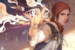  1boy beanie brown_eyes brown_hair cang_fade chain delsin_rowe dust foreshortening hands hat highres infamous_second_son letterboxed magic male_focus outstret plaid smile solo wrist_chain 