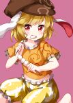  1girl animal_ears bangs barefoot brown_headwear cabbie_hat dango eating eyebrows_visible_through_hair food frilled_pants hat highres holding holding_food looking_at_viewer open_mouth orange_shirt pants pink_background rabbit_ears red_eyes ringo_(touhou) ruu_(tksymkw) shirt short_hair short_sleeves simple_background solo touhou v-shaped_eyebrows wagashi yellow_pants 