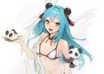 1girl :d animal_ears arm_hug bangs bare_shoulders bikini blue_hair braid breasts collarbone copyright_request detached_collar fake_animal_ears hair_ornament hand_up highres holding long_hair looking_at_viewer medium_breasts navel ohisashiburi open_mouth orange_eyes panda panda_ears ribbon small_breasts smile solo sweatdrop swimsuit symbol_commentary twin_braids upper_body white_bikini 