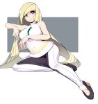  1girl absurdres black_footwear blonde_hair breasts closed_mouth covered_navel covered_nipples expressionless frown high_heels highres long_hair looking_at_viewer lusamine_(pokemon) lying on_side pokemon pokemon_(game) pokemon_sm serious sitting sleeveless slugbox solo two-tone_background very_long_hair wariza yellow_eyes 