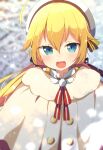  1girl :d absurdres ahoge bangs beret blonde_hair blue_eyes blurry blurry_background blush brown_capelet capelet commentary_request copyright_request depth_of_field eyebrows_visible_through_hair fur-trimmed_capelet fur_trim hair_between_eyes hair_flaps hat highres long_hair low_twintails okota_mikan open_mouth sidelocks smile solo twintails white_headwear 
