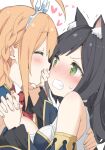  2girls ahoge animal_ear_fluff animal_ears bangs bare_shoulders black_hair blonde_hair blush braid cat_ears cat_girl closed_eyes commentary covering_mouth detached_sleeves eyebrows_visible_through_hair green_eyes hand_on_back hand_over_another&#039;s_mouth heart hug imminent_kiss interlocked_fingers kani_biimu karyl_(princess_connect!) long_hair looking_at_another motion_lines multiple_girls pecorine_(princess_connect!) portrait princess_connect! princess_connect!_re:dive sweatdrop teeth tiara v-shaped_eyebrows wavy_mouth yuri 