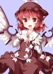  1girl animal_ears bangs bird_ears bird_wings brown_dress brown_headwear collared_shirt cowboy_shot dress eyebrows_visible_through_hair feathered_wings hand_on_own_chest highres holding juliet_sleeves long_sleeves looking_at_viewer mystia_lorelei open_mouth pink_eyes pink_hair puffy_sleeves purple_background ruu_(tksymkw) shirt short_hair simple_background smile solo standing touhou white_feathers white_wings winged_hat wings 