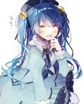  1girl ahoge amamiya_kokoro aqua_dress bangs bell beret black_headwear black_ribbon blue_hair blush collar crying crying_with_eyes_open dress eyebrows_visible_through_hair eyes_visible_through_hair frilled_collar frilled_dress frills hair_bell hair_ornament hair_ribbon hand_on_own_face hat highres jingle_bell juliet_sleeves kino-cands long_hair long_sleeves neck_ribbon nijisanji open_mouth puffy_sleeves ribbon shiny shiny_hair solo tears translated two_side_up upper_body virtual_youtuber white_background x_hair_ornament yellow_eyes 