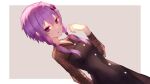  1girl absurdres ahoge black_dress commentary dress dutch_angle hair_ornament hand_up highres looking_at_viewer parted_lips purple_hair shiburingaru short_hair_with_long_locks sidelocks solo upper_body vocaloid voiceroid yuzuki_yukari 