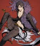  1boy abs absurdres belial_(granblue_fantasy) black_hair black_shirt cang_fade feather_boa granblue_fantasy highres male_focus midriff pectorals red_background red_eyes scythe shirt sitting solo 